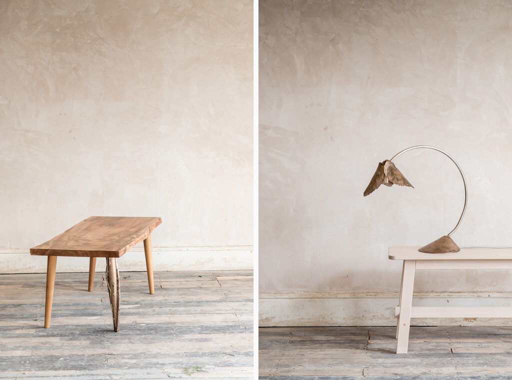 Photographed on location for Jenny Kate. Coffee table and table lamp in walnut and brass.