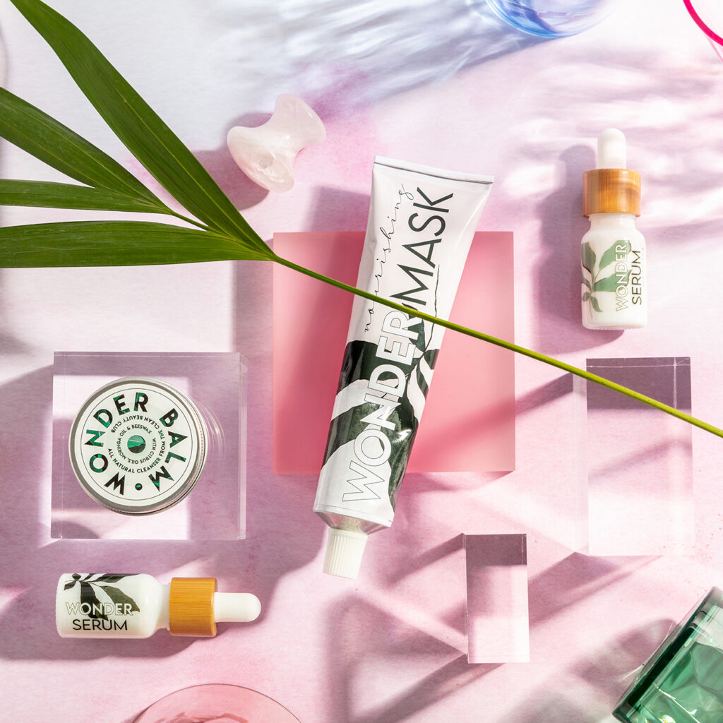 Skincare range by Wonderbalm. Example of product styling with blocks. Photography and styling by Diana Oliveira.
