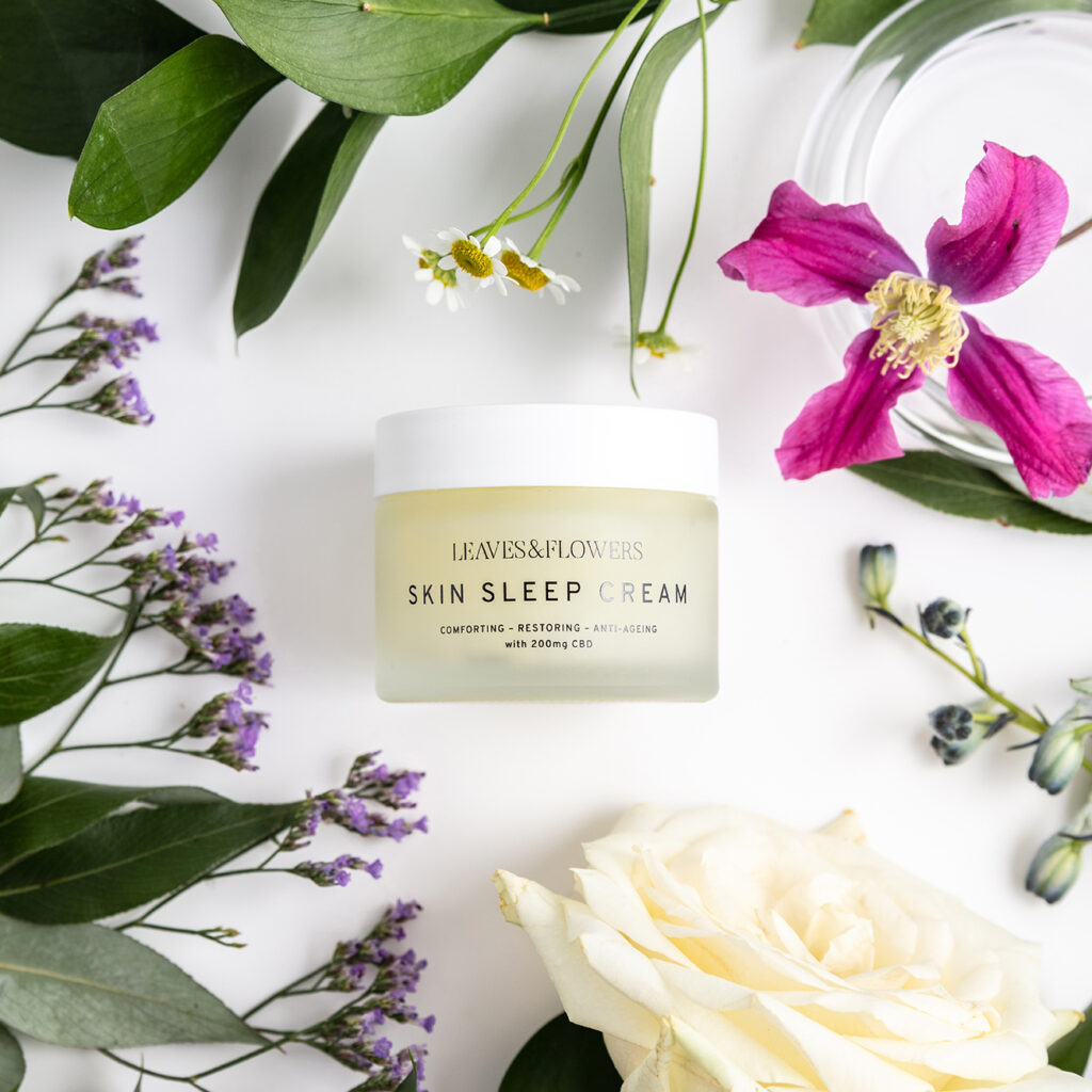 Botanical skincare by Leaves and Flowers. Examples of product shot styled with flowers and foliage. Photography and styling by Diana Oliveira
